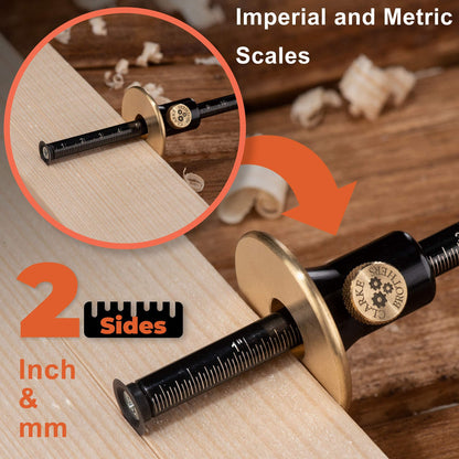 TUMEYET Wheel Marking Gauge - Woodworking Scriber Kit With 2 Replacement Cutters Wood Tools Graduated Inch & MM Scale Solid Metal Bar Scribe Tool For - WoodArtSupply