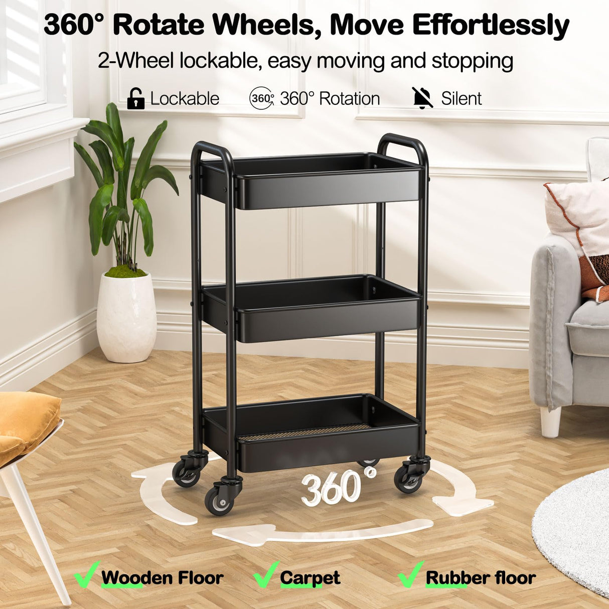 YASONIC 3 Tier Rolling Cart - Metal Utility Cart with 3 Hanging Cups & 4 Hooks, 66LBS Capacity, Mesh Rolling Storage Cart Organizer, Easy Assembly, YASONIC