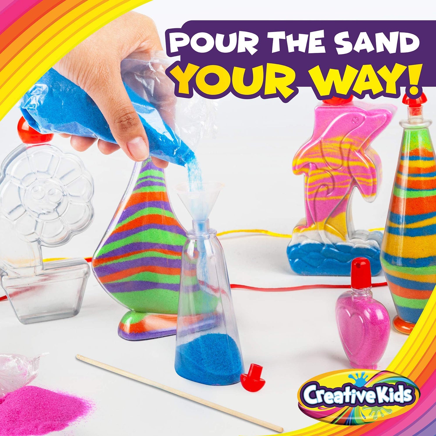 Creative Kids Sand Art Activity Kit for Kids - 10 Sand Art Bottles and 10 Colored Cool Sand Bags + Glitter Sand - Create Your Own Sand Art - DIY Arts Creative Kids