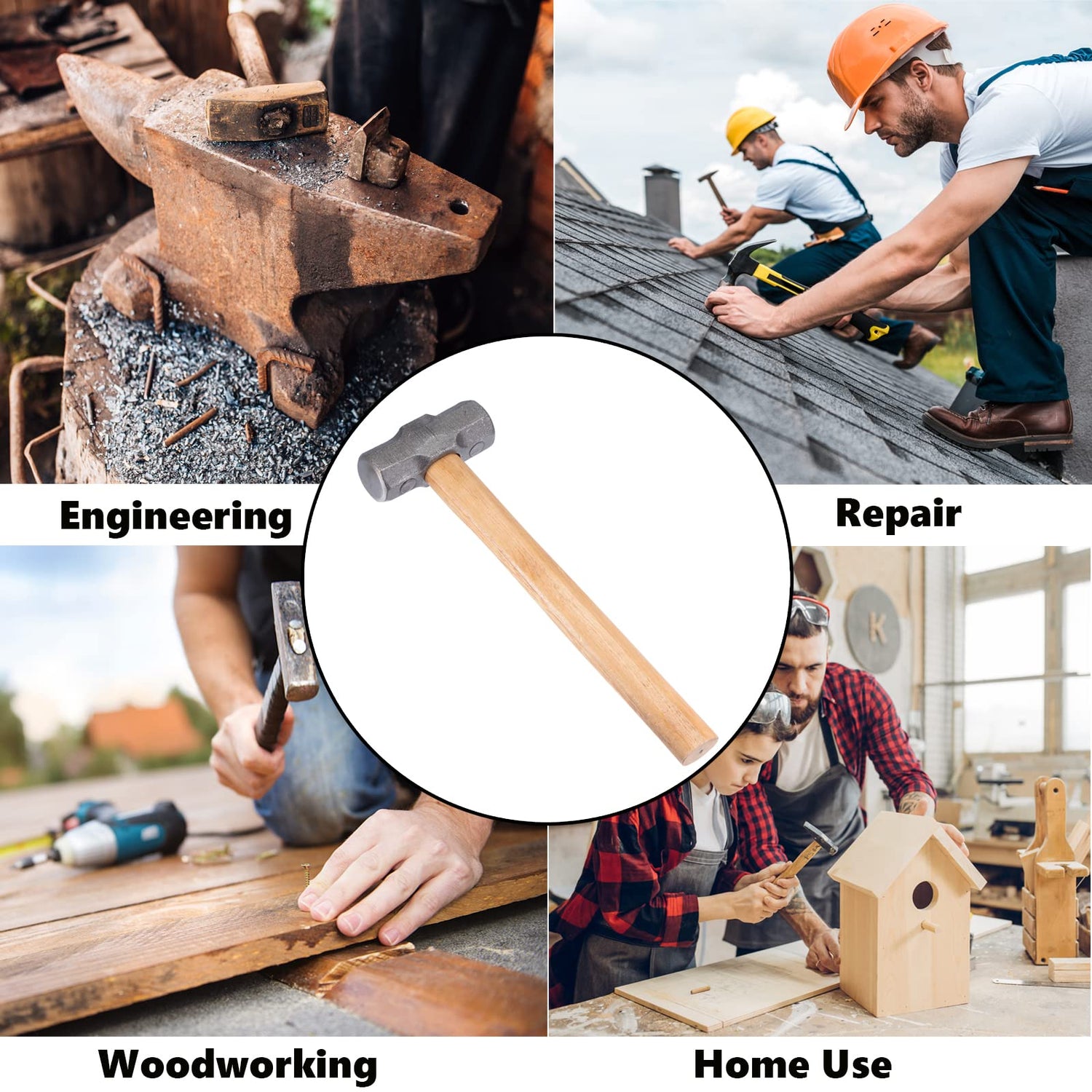 HARFINGTON 1070g Double Face Sledge Hammer Engineer Hammer with 12.2" Wood Handle Forged Steel Head for Home Industry Woodworking HARFINGTON