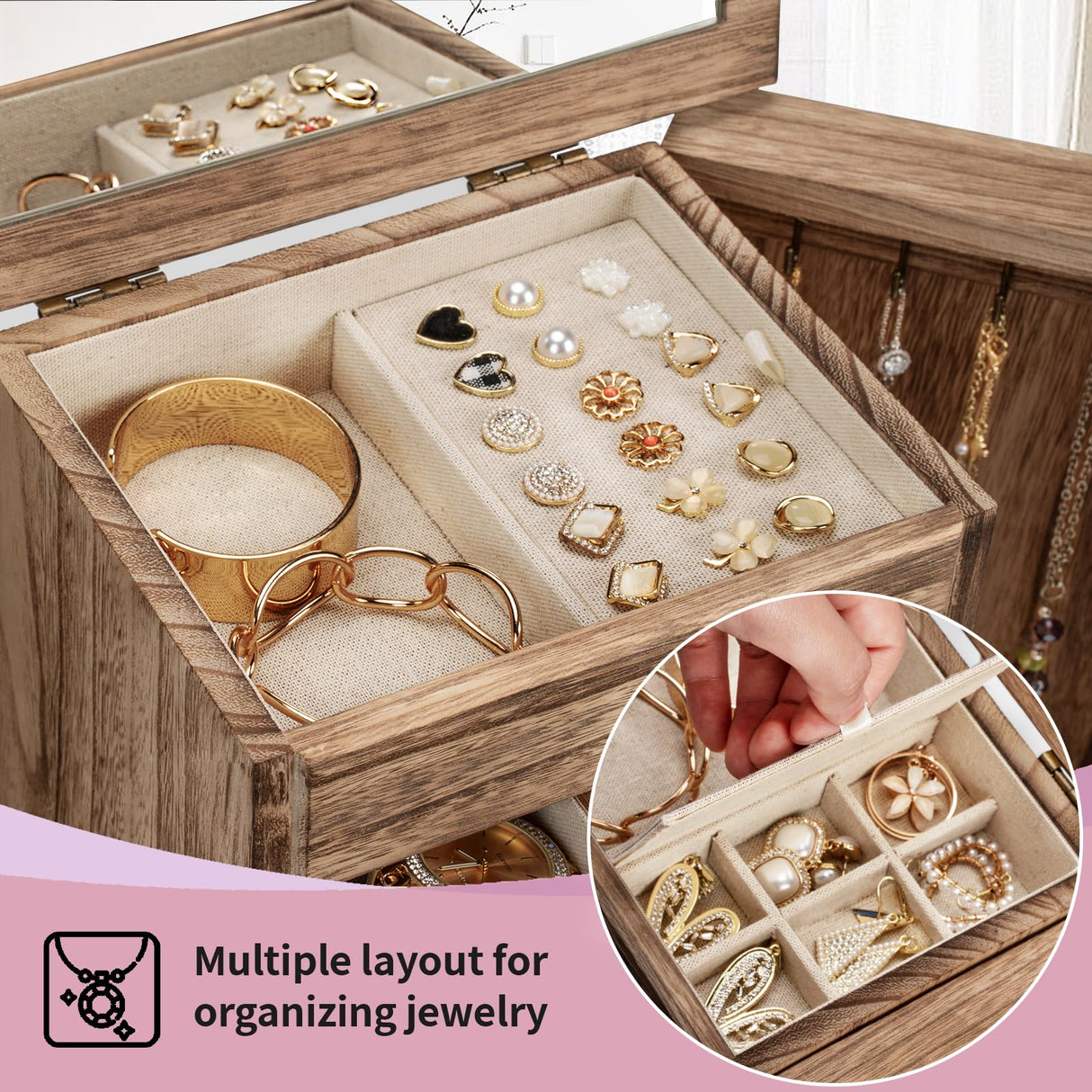 Yoimori Jewelry Box for Women, Rustic Wooden Jewelry Boxes & Organizers with Mirror & Drawers,6 Layer Jewelry Organizer Box for Rings Earrings Yoimori