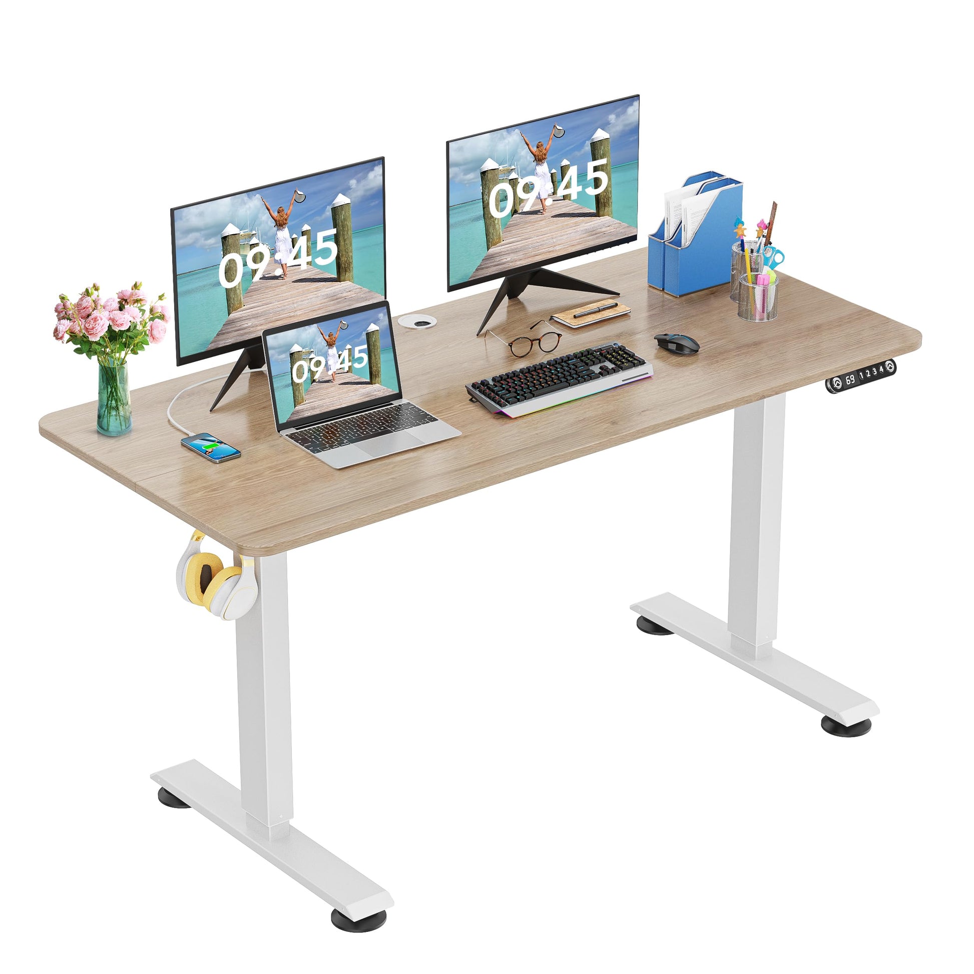 farexon Electric Standing Desk Adjustable Height, 48 x 24 inch Sit Stand Desk with Metal Metal Hook, 4 Memory Heights, 27''-45'' Lifting Range Stand - WoodArtSupply