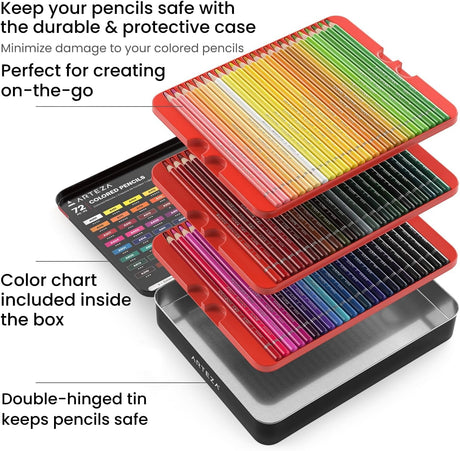 ARTEZA Colored Pencils for Adult Coloring, 72 Drawing Pencils with Soft Wax-Based Cores, Professional Art Supplies, Vibrant Pencil Set in Tin for ARTEZA