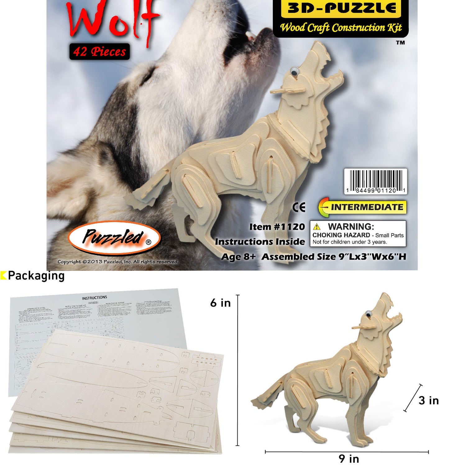 Puzzled 3D Puzzle Wolf Wood Craft Construction Model Kit, Fun, Unique & Educational DIY Wooden Toy Assemble Model Unfinished Crafting Hobby Puzzle to Puzzled