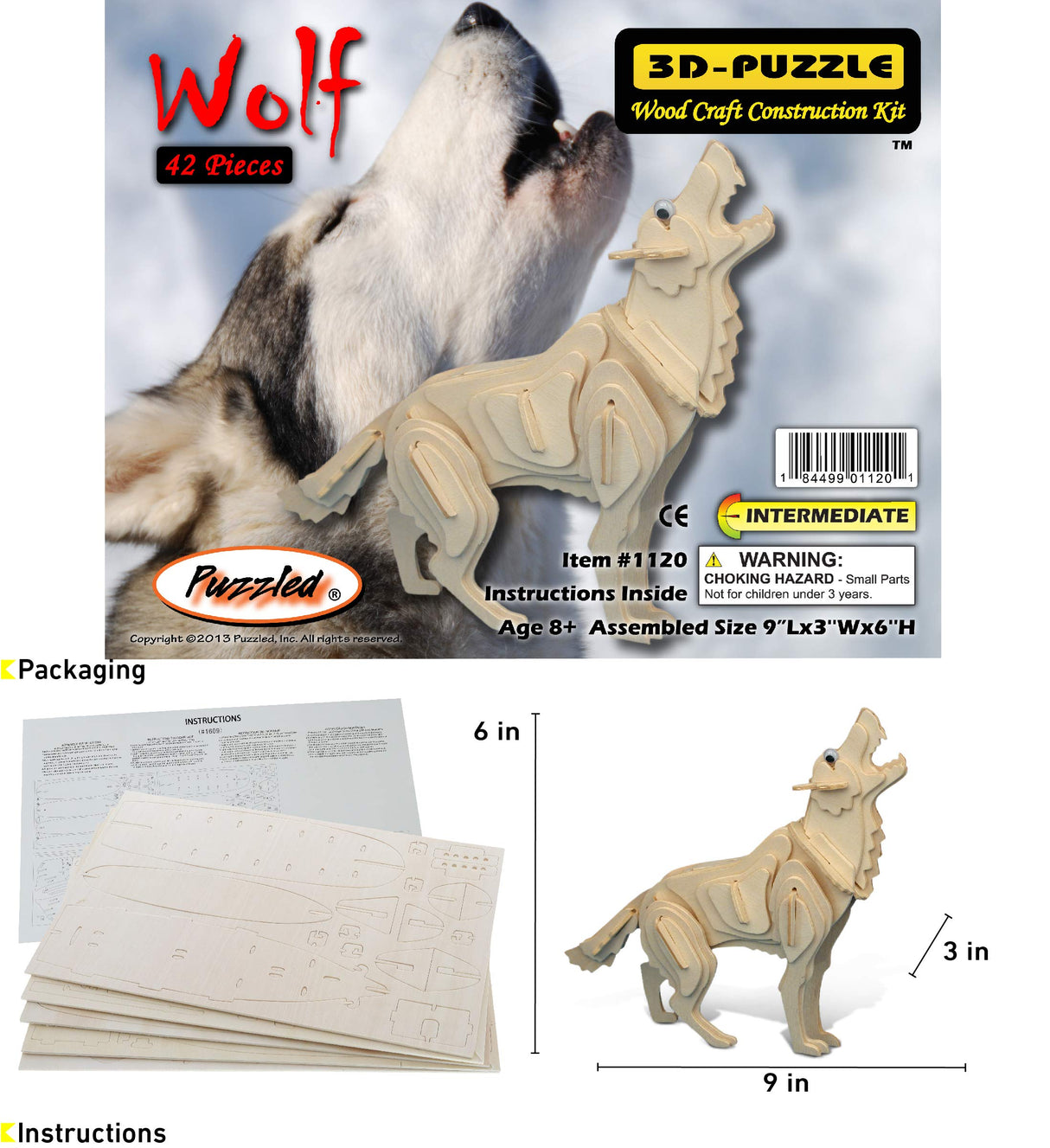 Puzzled 3D Puzzle Wolf Wood Craft Construction Model Kit, Fun, Unique & Educational DIY Wooden Toy Assemble Model Unfinished Crafting Hobby Puzzle to Puzzled