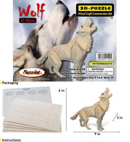 Puzzled 3D Puzzle Wolf Wood Craft Construction Model Kit, Fun, Unique & Educational DIY Wooden Toy Assemble Model Unfinished Crafting Hobby Puzzle to