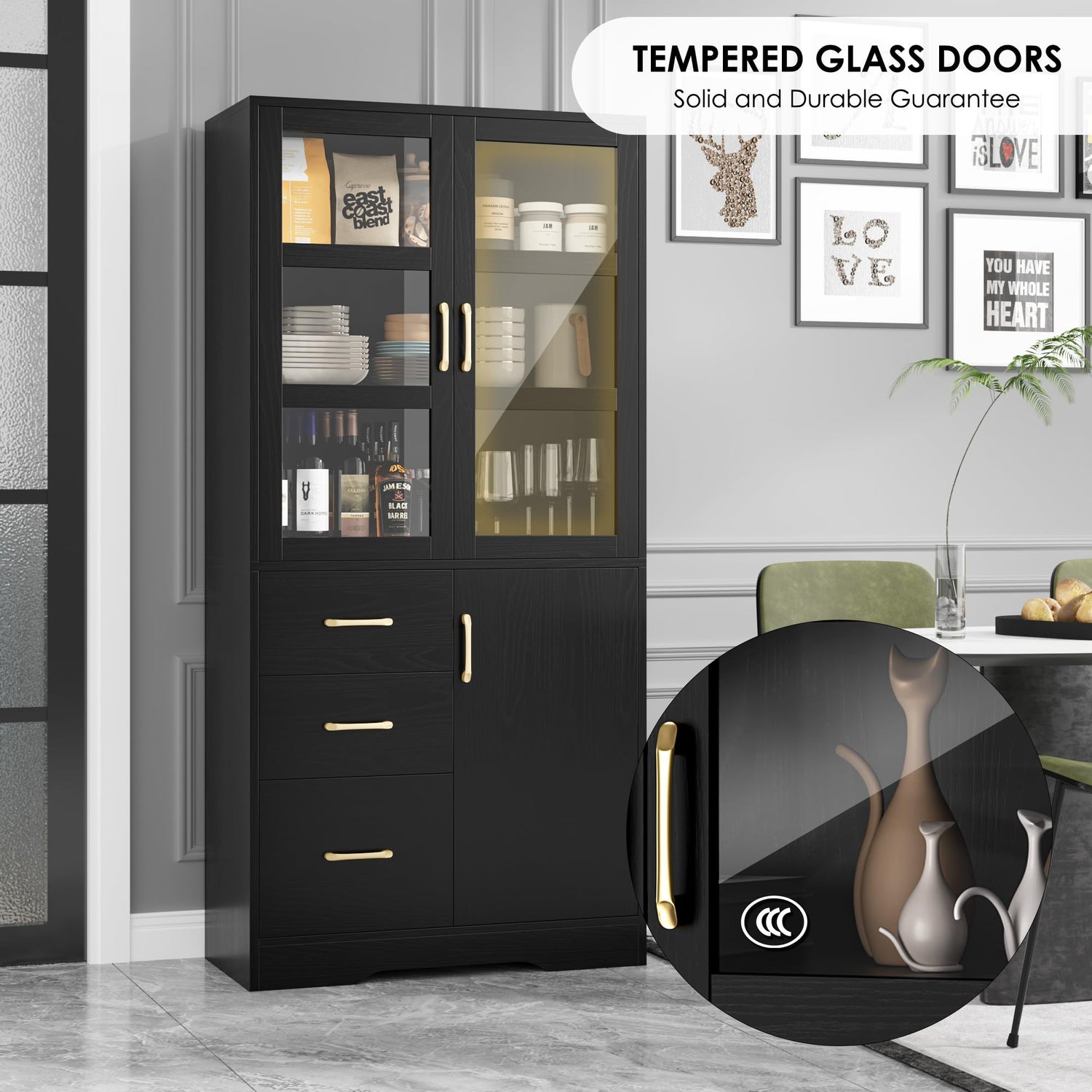 HIFIT Tall Storage Cabinet with 2 Glass Display Door & Shelves & 3 Drawer, 67"H Tall Kitchen Pantry Cabinet with Gold Handles, Modern Linen Cabinet HIFIT