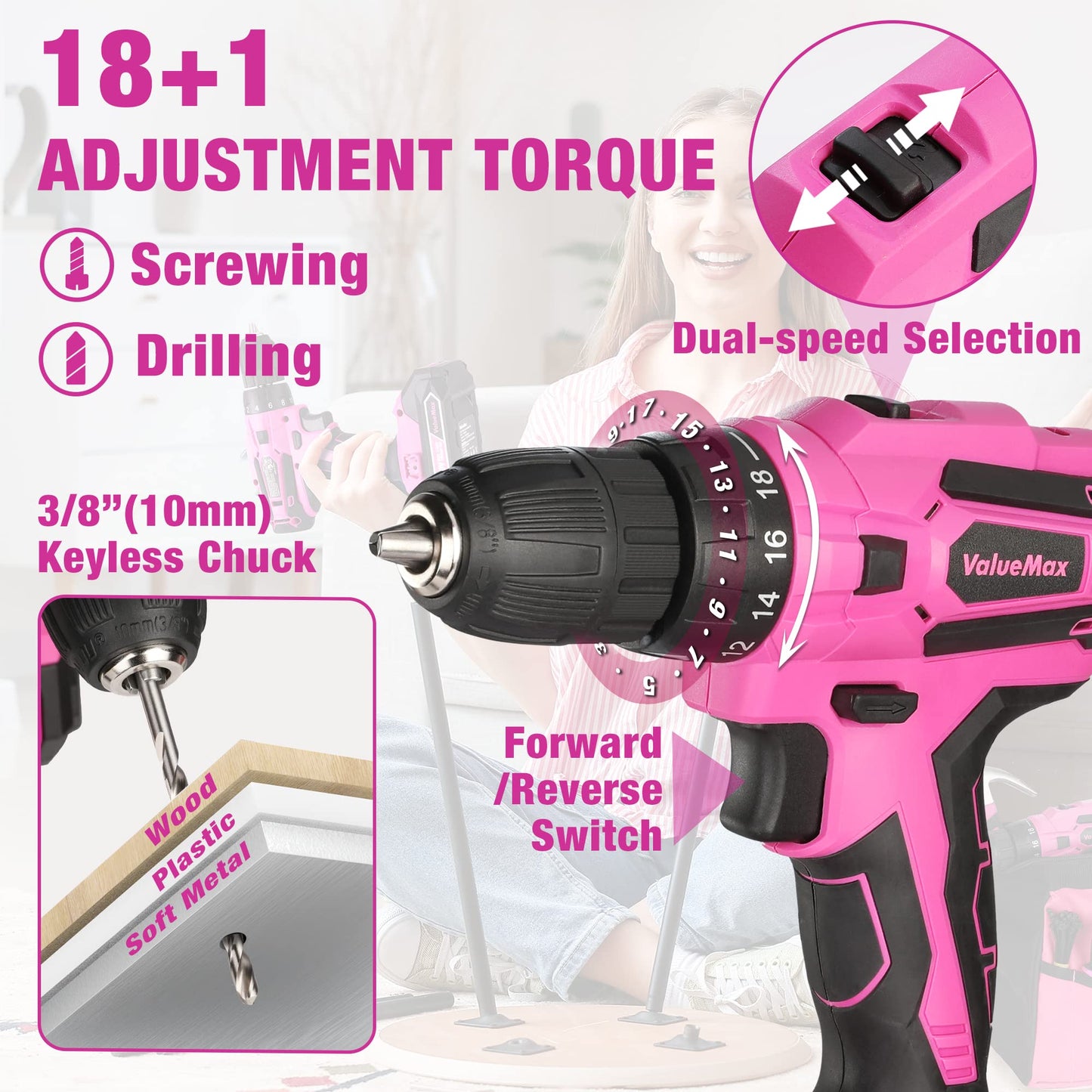 ValueMax Home Tool Kit with Drill, 238-Pieces Pink Tool Set with 20V Cordless Lithium-ion Drill, Power Tool Set with Wide Mouth Open Storage Bag,