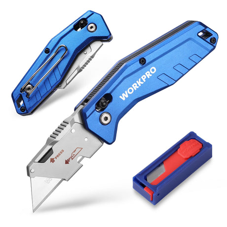 WORKPRO Folding Utility Knife, Heavy Duty Metal Box Cutter with Quick Open Lock, Quick Change Blade Razor Knife, Foldable Pocket Knife with Belt Clip WORKPRO