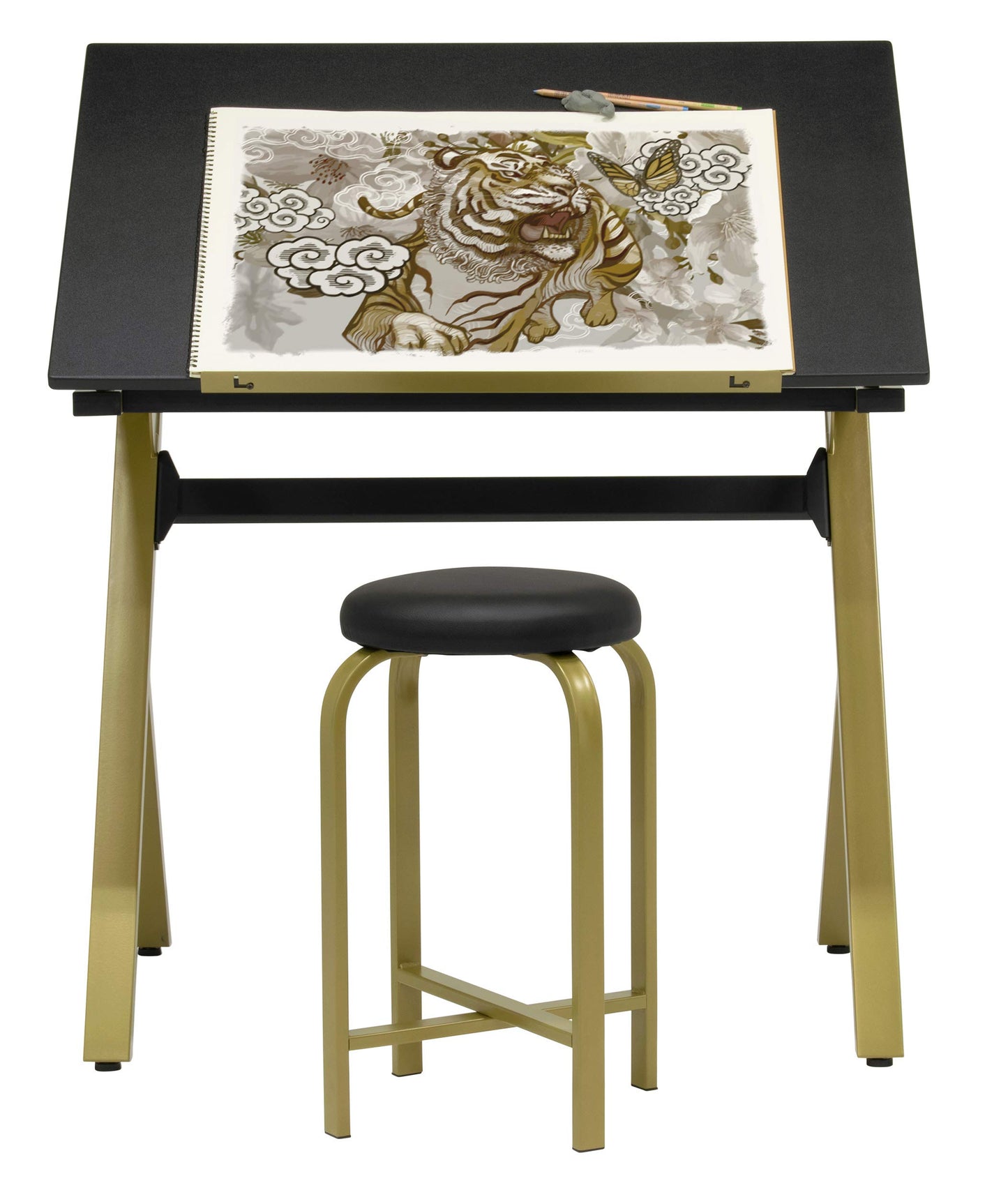 SD STUDIO DESIGNS Stellar 36" Wide Craft/Drawing Table with Adjustable Top and Padded Stool Set, Gold/Black - WoodArtSupply