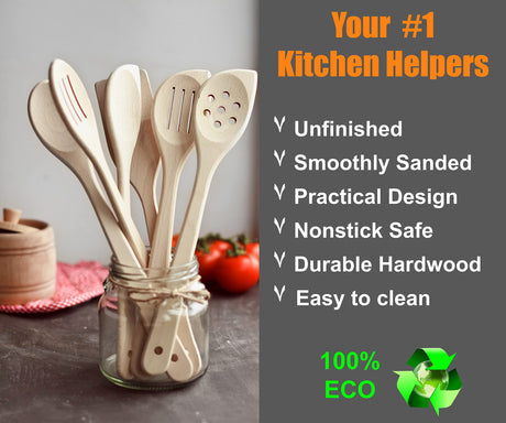 ECOSALL Healthy Wooden Spoons For Cooking Set of 6. Safe and Reliable Cooking Utensils for Kitchen – 100% Natural Nonstick Wood Spatula Spoon For ECOSALL