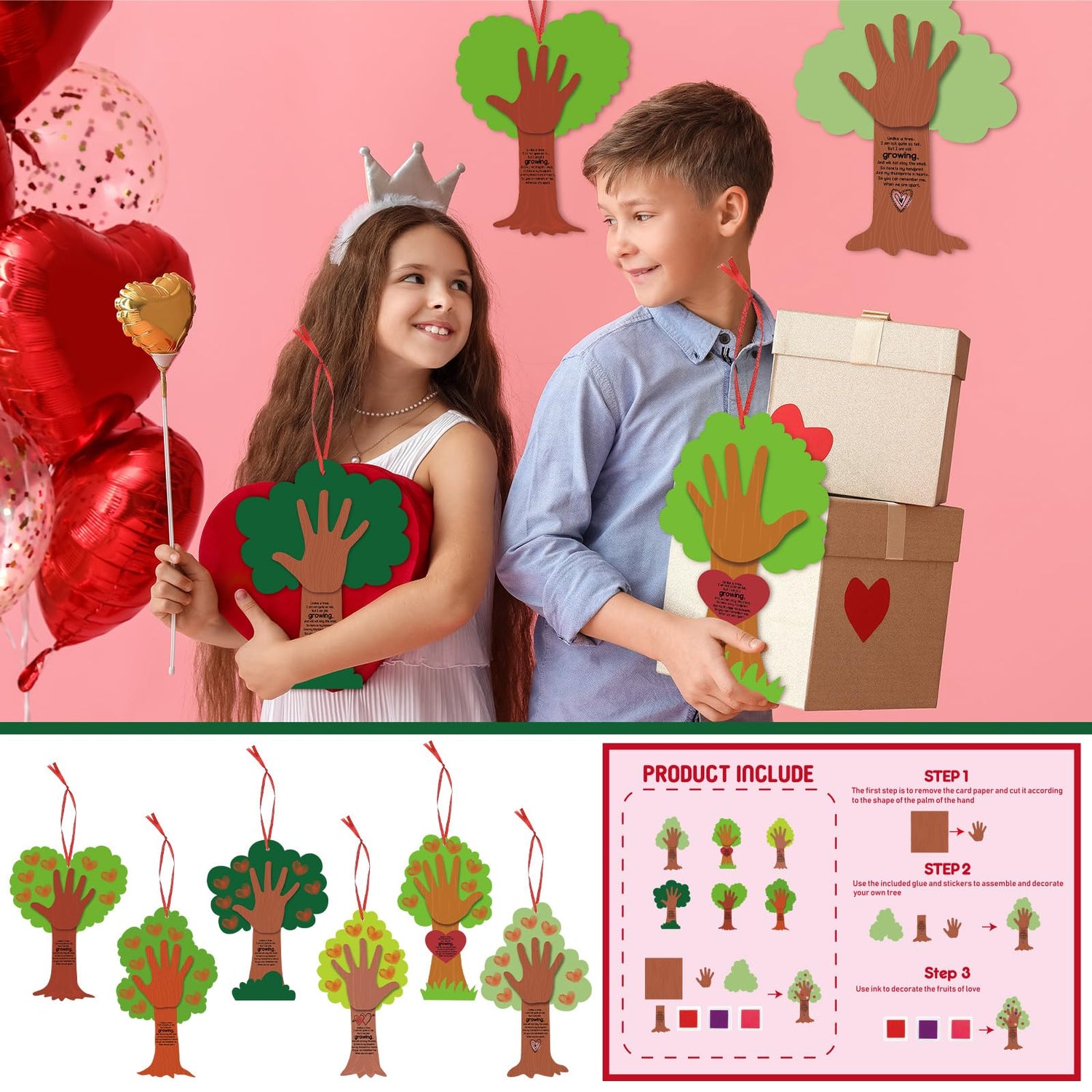 Menkxi 30 Sets Valentine Tree Thumbprint Sign Craft Kit Valentine's Day Crafts for Kids DIY Poem Sign Craft for Art Project School Classroom Family Menkxi