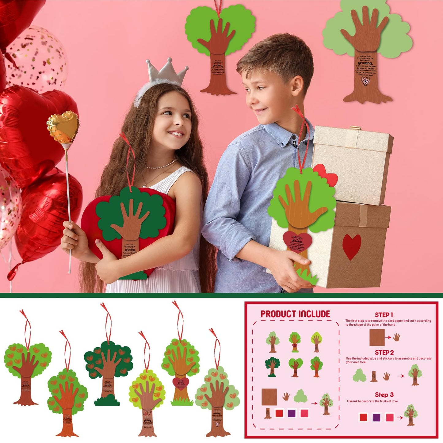 Menkxi 30 Sets Valentine Tree Thumbprint Sign Craft Kit Valentine's Day Crafts for Kids DIY Poem Sign Craft for Art Project School Classroom Family - WoodArtSupply