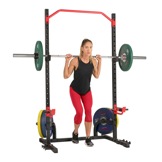 Sunny Health & Fitness Power Zone Squat Stand Power Rack Cage - SF-XF9931, Upright,Black/Red - WoodArtSupply