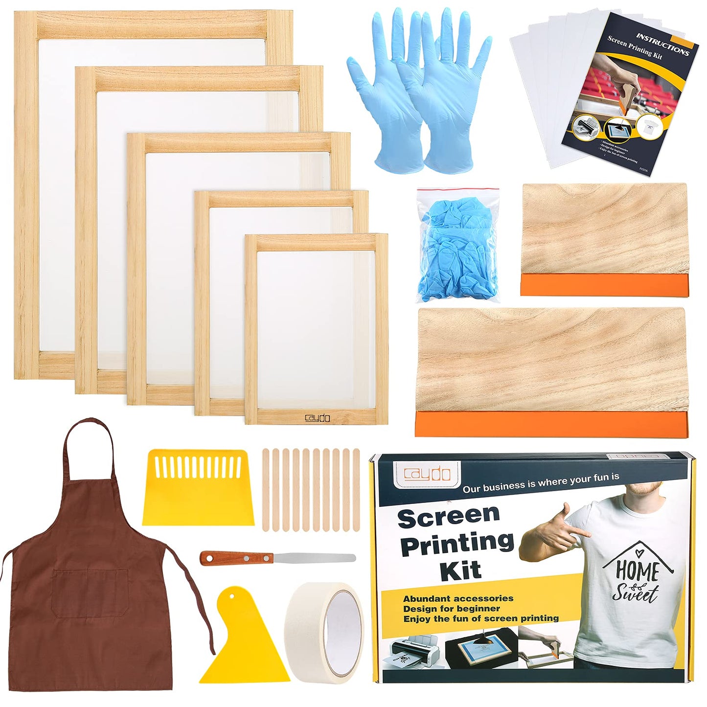 Caydo 33 Pieces Screen Printing kit Include 5PCS Screen Printing Frame with 110 Mesh, Squeegees, Inkjet Transparency Film, Ink Knife, Gloves, Apron