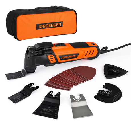 JORGENSEN Oscillating Tool 5°Oscillation Angle, 4 Amp Oscillating Multi Tools Saw, 7 Variable Speed with 16-piece Electric Multitool Blades & Jorgensen