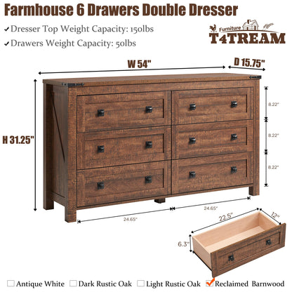 T4TREAM Farmhouse 6 Drawers Dresser Chests for Bedroom, Wood Rustic Wide Chset of Drawers,Storage Dressers Organizer for Bedroom, Living - WoodArtSupply