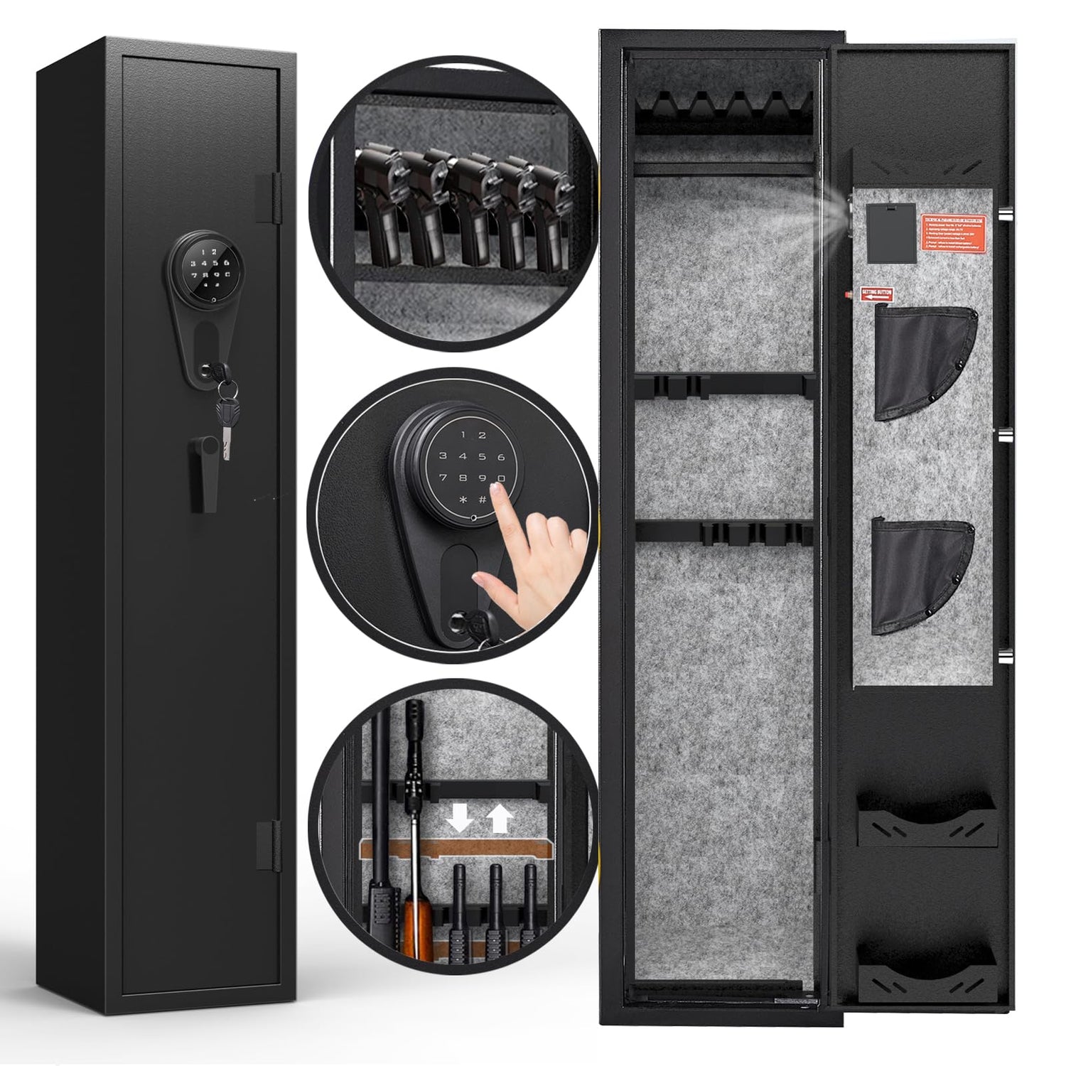 KAER 3-5 Gun Safes for Home Rifle and Pistols, Quick Access Safes for Shotguns, cabinets with Adjustable Rack, Pockets and Removable Shelf KAER