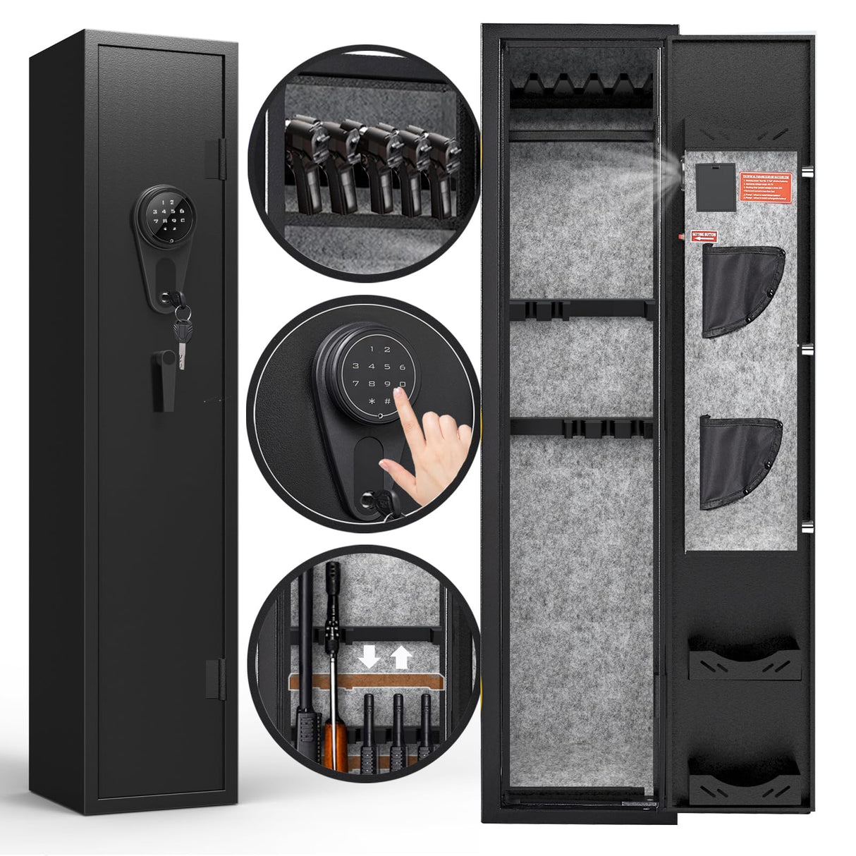 KAER 3-5 Gun Safes for Home Rifle and Pistols, Quick Access Safes for Shotguns, cabinets with Adjustable Rack, Pockets and Removable Shelf KAER