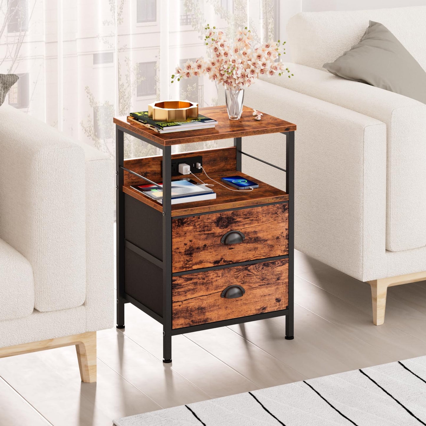 Furologee Nightstand Set of 2, Rustic Brown, with Charging Station and USB Ports, Side Tables with 2 Fabric Drawers, Bedside Tables with Storage