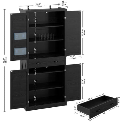 IRONCK Kitchen Pantry 72" Height,Storage Cabinet with Drawer, 4 Adjustable Shelves, Barn Doors, Freestanding Cupboard, Black