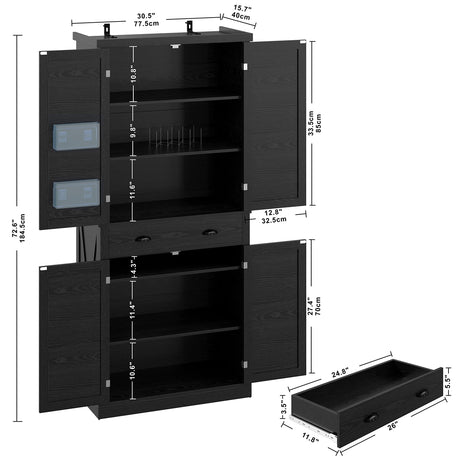 IRONCK Kitchen Pantry 72" Height,Storage Cabinet with Drawer, 4 Adjustable Shelves, Barn Doors, Freestanding Cupboard, Black IRONCK