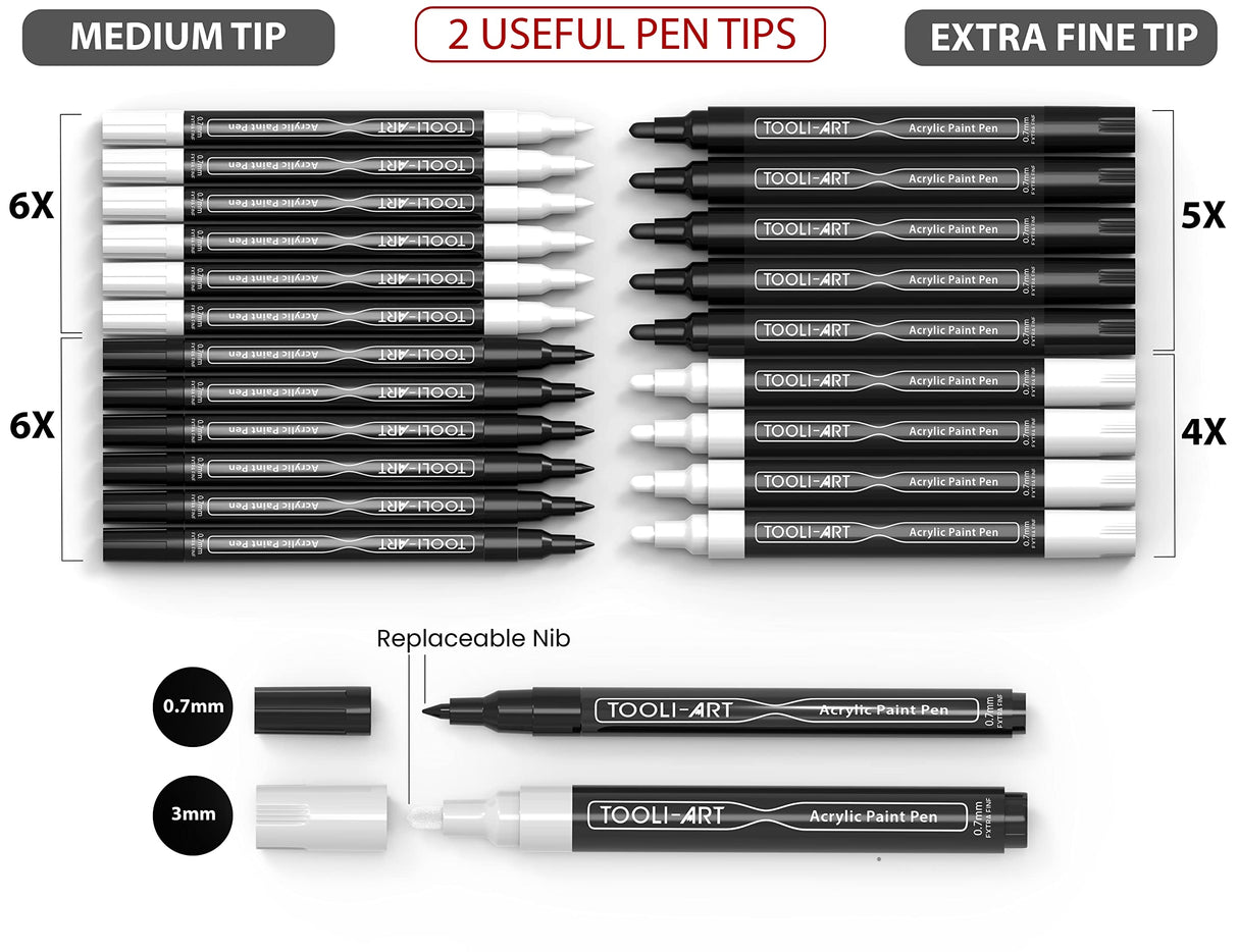 TOOLI-ART Black And White Acrylic Paint Markers Paint Pens Set For Rock Painting, Canvas, Mugs, Metal, Glass Paint, Fabric, Wood, DIY. Non Toxic, TOOLI-ART