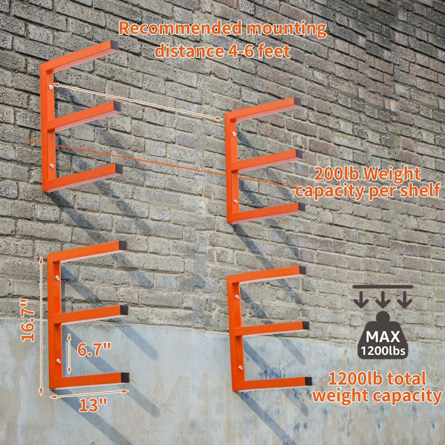 YYR Wood Organizer and Lumber Storage Rack Wall Mount, Heavy Duty Metal Shelf with 6-Level Holds Up 1200 LBS, Indoor & Outdoor Use - Orange YYR