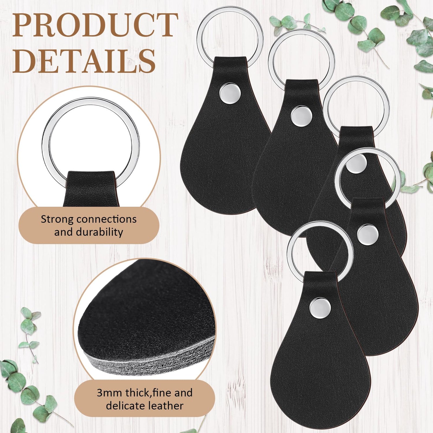 Geetery 100 Pcs PU Leather Key Fob Kit Blanks Key Fob Bulk with Rivets Key Rings DIY for Laser Engraving(Black) Geetery