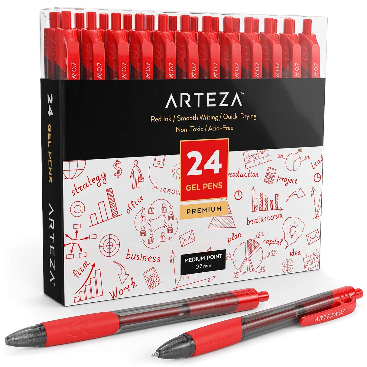 ARTEZA Red Gel Pens, Pack of 24, 0.7mm Medium Point, Quick Drying Ink for Smooth Writing, Perfect for College School Supplies, Office Tasks, and Note ARTEZA