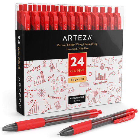 ARTEZA Red Gel Pens, Pack of 24, 0.7mm Medium Point, Quick Drying Ink for Smooth Writing, Perfect for College School Supplies, Office Tasks, and Note ARTEZA