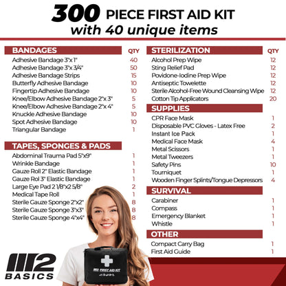 M2 BASICS Professional 300 Piece (40 Unique Items) First Aid Kit | Emergency Medical Kits | Home, Business, Camping, Car, Office, Travel, Vehicle, - WoodArtSupply