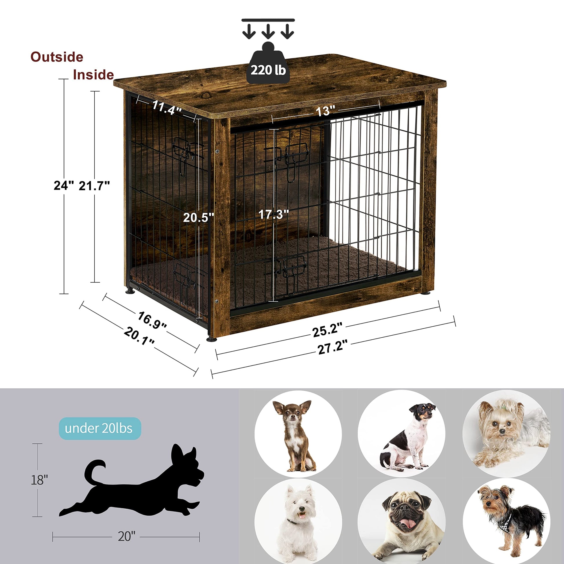 DWANTON Dog Crate Furniture with Cushion, Wooden Crate Table, Double-Doors Furniture, Kennel Indoor for Small/Medium/Large Dog, Dog House/Cage, 27.2" - WoodArtSupply