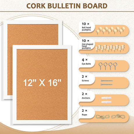 AMUSIGHT 2-Pack Double-Sided Cork Board, 16" x 12" Hanging Wood Framed Small Bulletin Board, Picture Display Vision Board Kit Corkboards for Wall AMUSIGHT