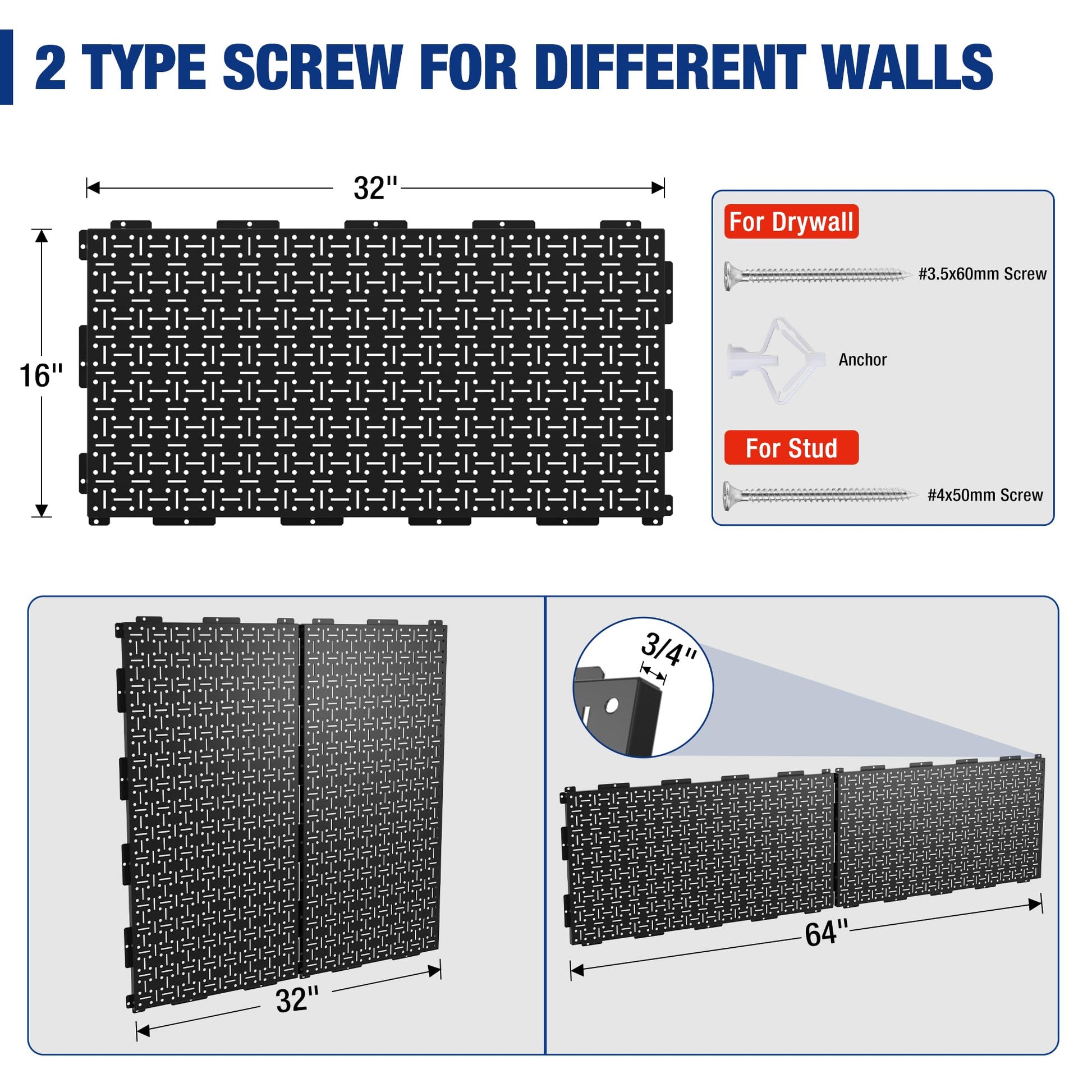 WORKPRO Metal Pegboard 16”x 32” Steel Panel with Round Holes & Vertical Slots 3-Pack, Black Heavy Duty Garage Peg Board Wall Pegboard for Wood - WoodArtSupply