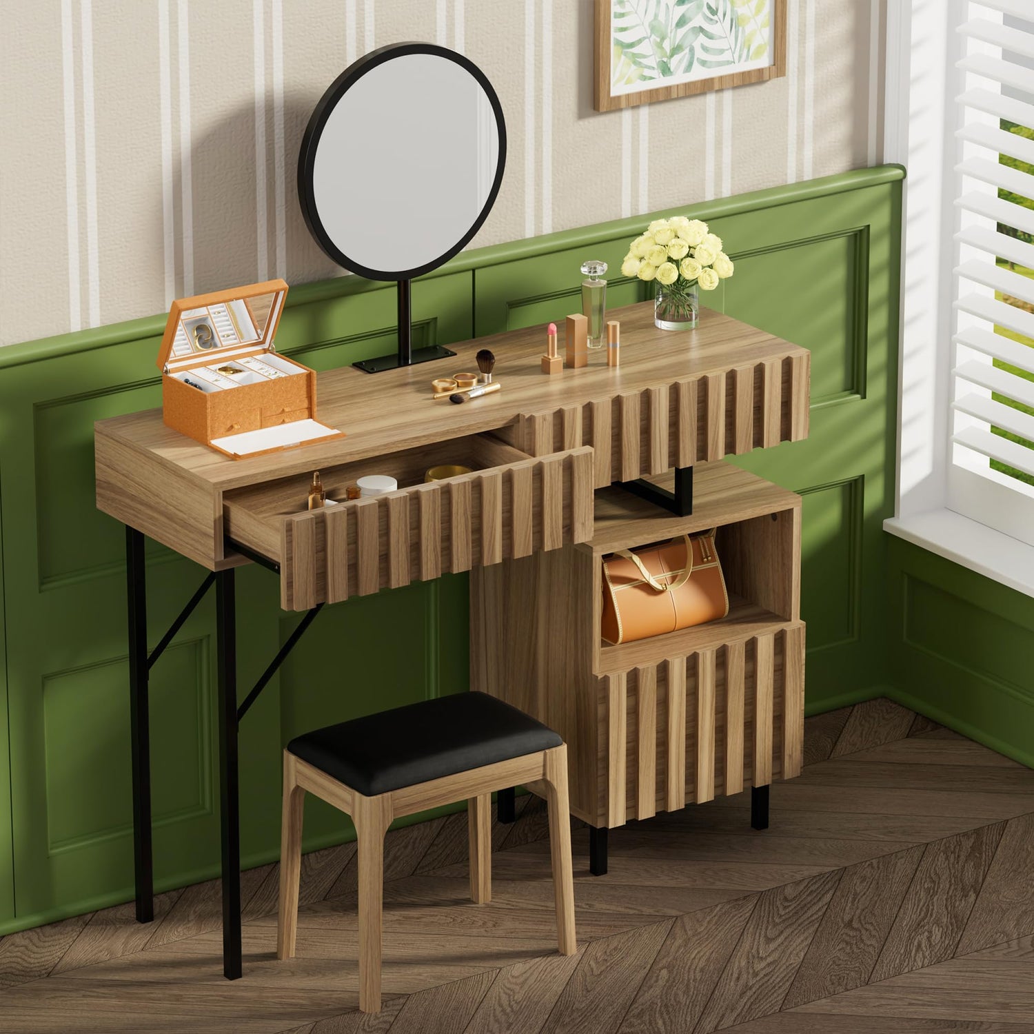 UEV Wood Vanity Desk with Mirror,Makeup Vanity Set with Drawer Chest,Vanity Dressing Table Makeup Desk Set with Storage Space for Bedroom(Wood) UEV