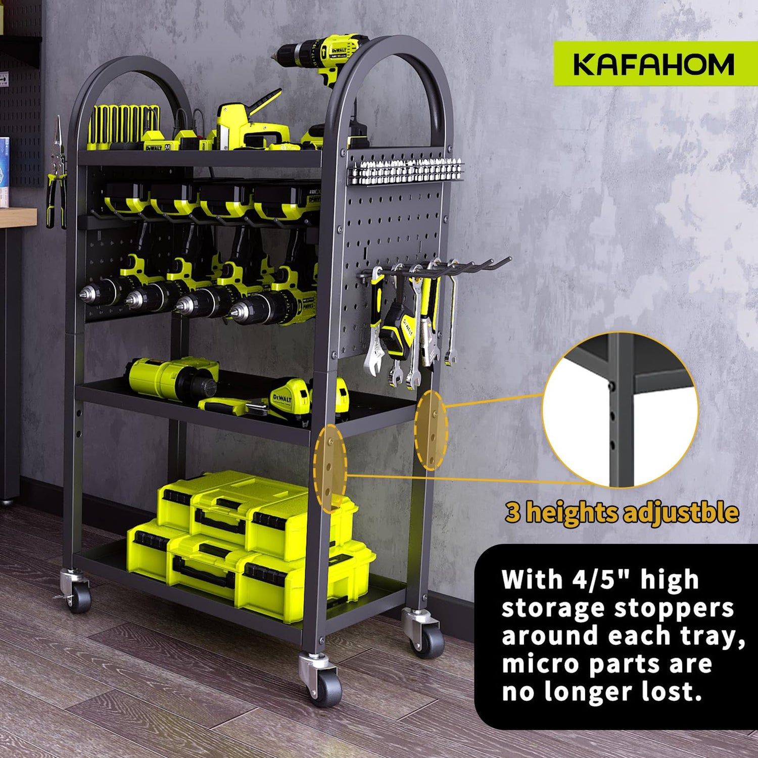 KAFAHOM Power Tool Organizer - 4 Tier Rolling Tool Cart with 8-12 Drill Holder,Tool Storage Cart on Wheels - Heavy Duty Metal Utility Tool Shelf for KAFAHOM