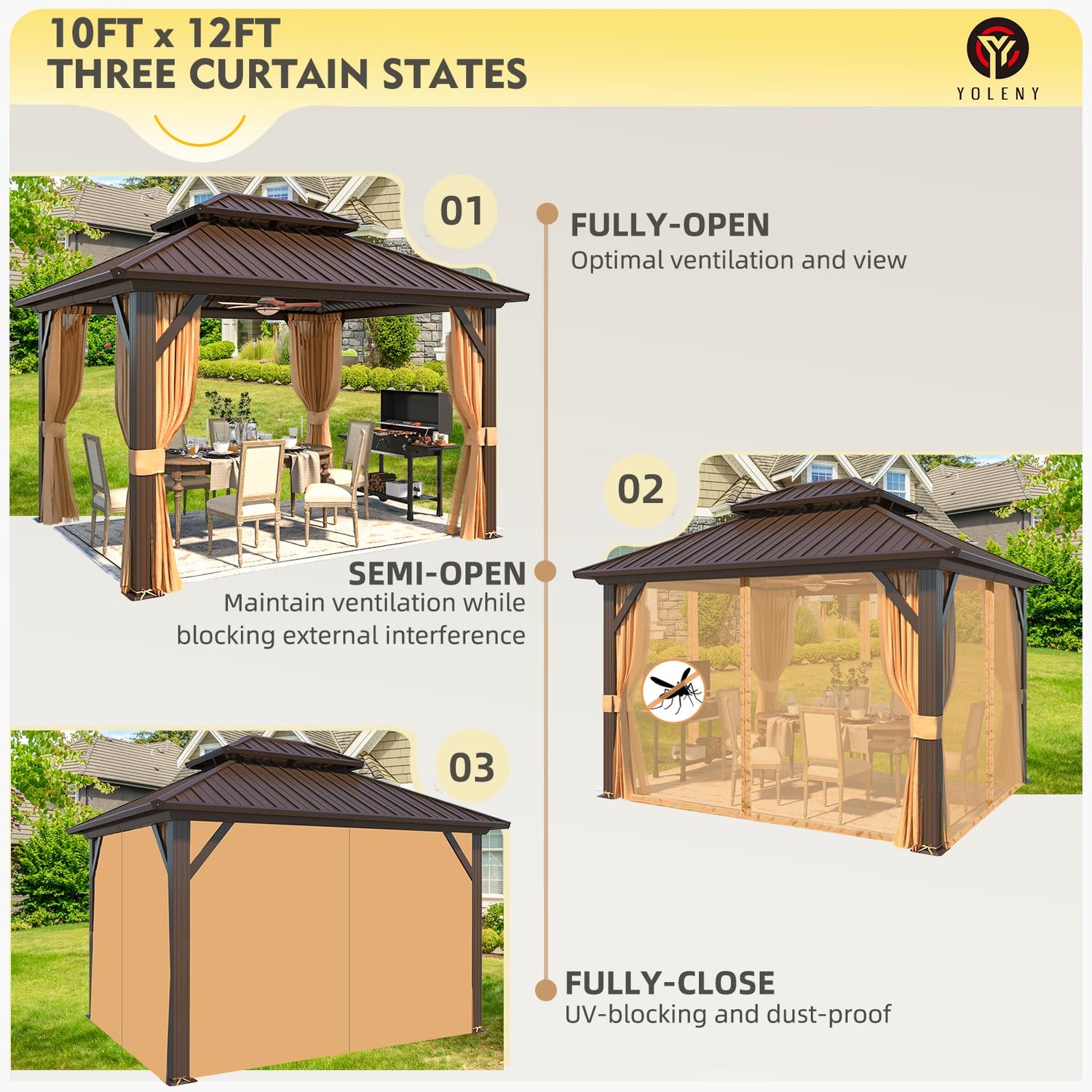 YOLENY 10' x 12' Hardtop Gazebo, Metal Gazebo with Aluminum Frame, Double Galvanized Steel Roof, Curtains and Netting Included, Pergolas for Patios, YOLENY