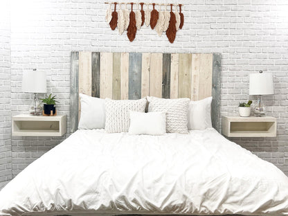 Farmhouse Mix Solid Wood Queen Headboard - Handcrafted Floating Wall Mount, Adjustable Height - WoodArtSupply