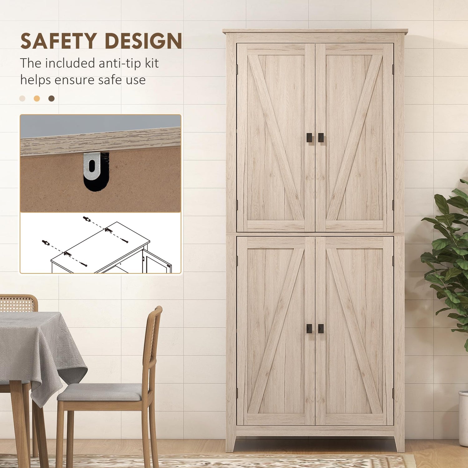 HOMCOM 72" Freestanding 4-Door Kitchen Pantry, Storage Cabinet Organizer with 4-Tiers, and Adjustable Shelves, Natural HOMCOM