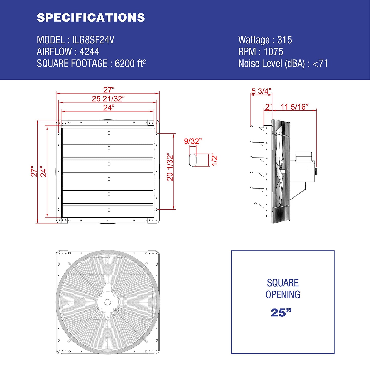 iLiving - 24" Wall Mounted Exhaust Fan - Automatic Shutter - Variable Speed - Vent Fan For Home Attic, Shed, or Garage Ventilation, 4244 CFM, 6200 - WoodArtSupply