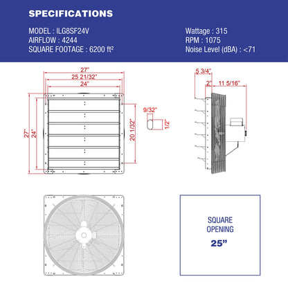 iLiving - 24" Wall Mounted Exhaust Fan - Automatic Shutter - Variable Speed - Vent Fan For Home Attic, Shed, or Garage Ventilation, 4244 CFM, 6200 - WoodArtSupply