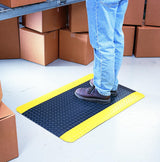 Wearwell UltraSoft Diamond-Plate SpongeCote Mat - Black/Yellow. Anti-Fatigue Workstation Mat. 3' W x 5' L x 15/16" Thickness. Nitricell Sponge. Wearwell