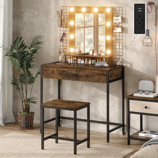 Furniouse Makeup Vanity Desk Set with LED Lights and Mirror, 33" W Makeup Table with Drawer & Charging Station, Dressing Table with Stool for