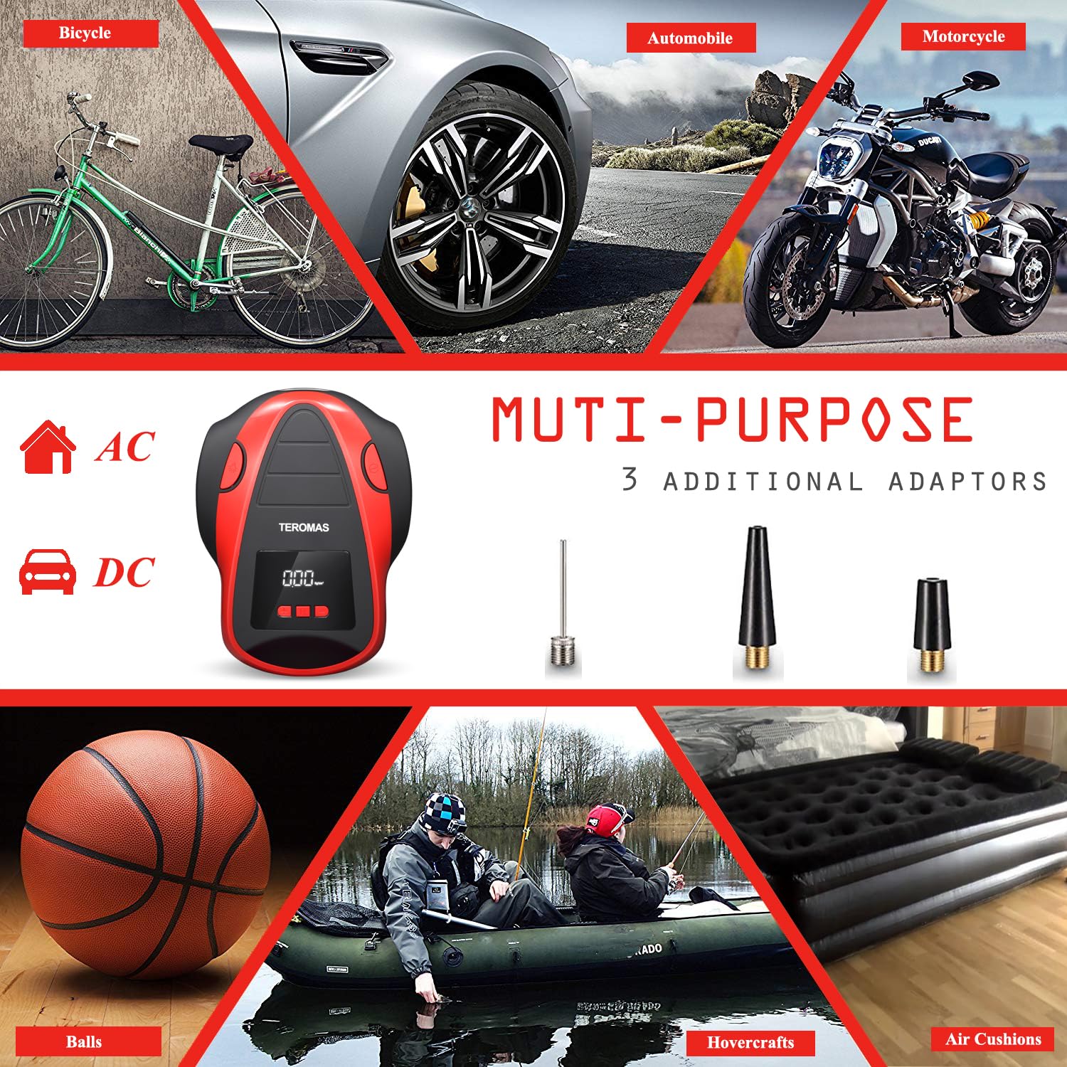 TEROMAS Tire Inflator Air Compressor, Portable DC/AC Air Pump for Car Tires 12V DC and Other Inflatables at Home 110V AC, Digital Electric Tire Pump TEROMAS