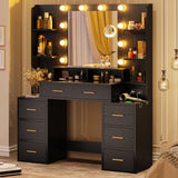 HAUOMS Glass Top Makeup Vanity with Mirror and Lights, Vanity Desk with Power Strip & 10x Magnifying Mirror, Vanity Table with Compartment Stoarge HAUOMS