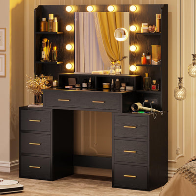 HAUOMS Glass Top Makeup Vanity with Mirror and Lights, Vanity Desk with Power Strip & 10x Magnifying Mirror, Vanity Table with Compartment Stoarge