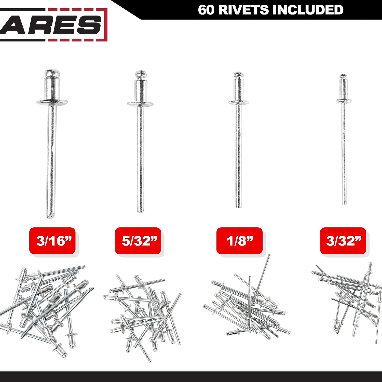 ARES 70017 - Professional Pop Rivet Gun with 60 Rivets - Rivet Sizes 3/32-inch, 1/8-inch, 5/32-inch, & 3/16-inch - Applications Include Sheet Metal, ARES