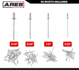 ARES 70017 - Professional Pop Rivet Gun with 60 Rivets - Rivet Sizes 3/32-inch, 1/8-inch, 5/32-inch, & 3/16-inch - Applications Include Sheet Metal, ARES
