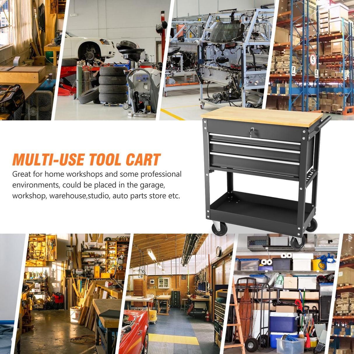 DNA MOTORING 3-Drawers Wood Top Utility Rolling Tool Chest Cabinet with Wheels, Heavy Duty Industrial Service Cart Keyed Locking System, for Garage DNA MOTORING